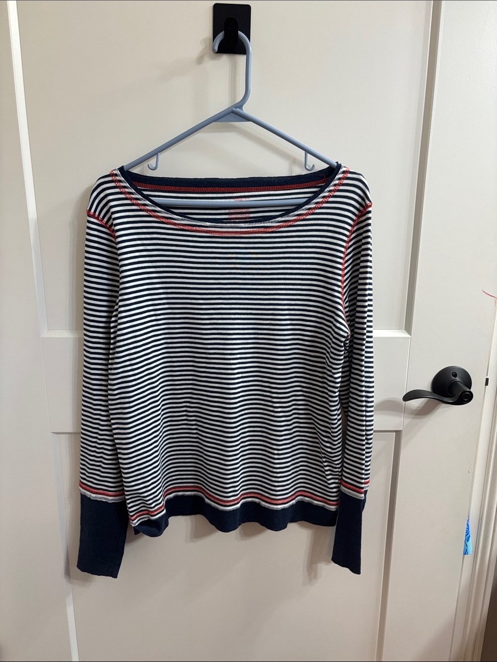 Striped Long-Sleeve Boatneck Top in Navy and Whitel